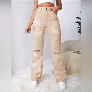 Bleach Wash Ripped Detail Butterfly khaki Jeans